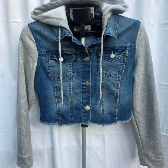 WallFlower Juniors Crop Denim Jacket with Fleece Hood & Sleeves Medium - Picture 1 of 7
